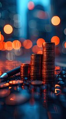 Economy and finance background with money coins , pen and stocks market graphs in blurry backdrop