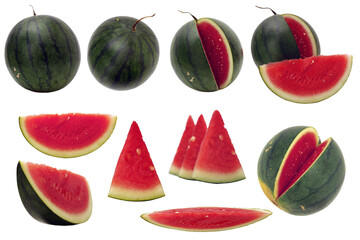 Set collection of fresh delicious watermelon fruit, cut out isolated