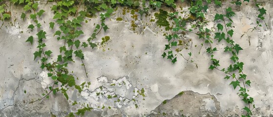 Panoramic close-up, high detail scan of ivy creeping on old wall texture, Generative AI