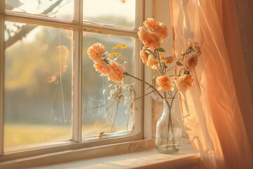 Bouquet of orange roses in a vase on the windowsill