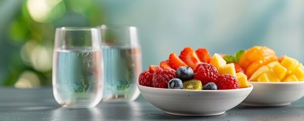 Person enjoying a minimalist breakfast with a simple bowl of fruit and a glass of water, highlighting a clean and healthy lifestyle, with copy space for text