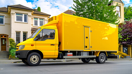 Wall Mural - Blank yellow moving van mockup parked on street of residential area