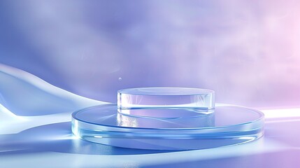 Podium glass 3D background display blue platform product transparent stand. Glass 3D light podium scene stage water crystal ad cosmetic shape cube white clear presentation.