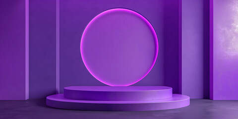 Poster - Purple round neon sign illuminating empty two step podium platform in studio