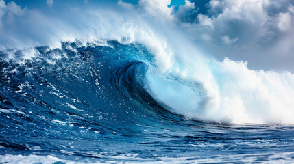 powerful wave crashes dramatically on the shore, capturing the energy and beauty of the ocean. This image symbolizes nature's force, resilience, and the exhilarating spirit of surfing