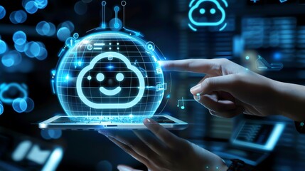 Leinwandbilder - Hand holding tablet with smiling cloud icon.