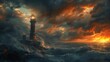 © DudeDesignStudio - Dramatic Seascape with Lighthouse and Stormy Sunset.