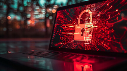 Wall Mural - data security breach digital system hacked internet cyber attack alert with red padlock virtual display over a laptop