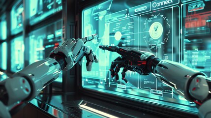 Fototapete - Futuristic robotic hands interacting with a digital interface.