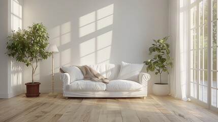 Wall Mural - Bright living room with a white couch and green plants