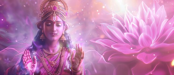 Wall Mural - Picture of goddess lakshmi with lotus and cinematic expression on devotional background. Generative ai.