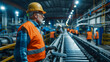 © khonkangrua - Experienced factory worker in safety gear supervises production line in industrial facility, ensuring smooth operations.