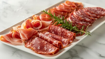 Variety of cured meats on white platter