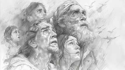 Genesis,Noahs Descendants:Bold pencil sketch of Noah with his sons Shem, Ham, and Japheth, minimalist modern biblical illustration, soft beige background,