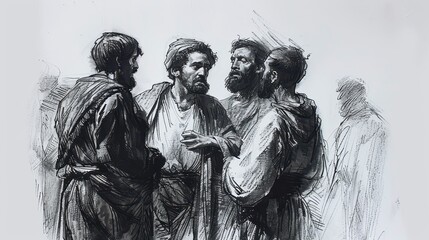 Genesis,Joseph Reveals Himself:Minimalist Modern Sketch of Brothers Leaving Egypt to Bring Jacob Back, Bold Pencil Lines, Soft Beige Boho Background  Biblical Illustration