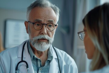 Sticker - Close-up of a doctor discussing lifestyle changes with a patient to manage autoimmune disease, clinical office, Portrait close-up, hyper-realistic, high detail, photorealistic, natural lighting