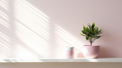 Wall Mural - green white and pink with plant minimal