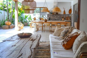 Wall Mural - Interior of modern living room with wooden furniture, pillows, cushions and wooden table