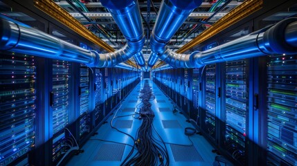 Wall Mural - A long hallway in a modern data center with rows of servers and cables. Blue pipes run along the ceiling