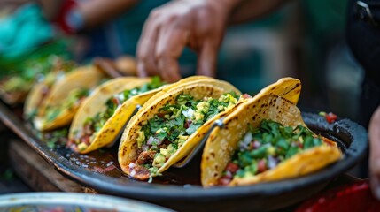 Poster - Close-up of a colorful plate of authentic Mexican tacos, freshly made and topped with salsa, guacamole, and cilantro