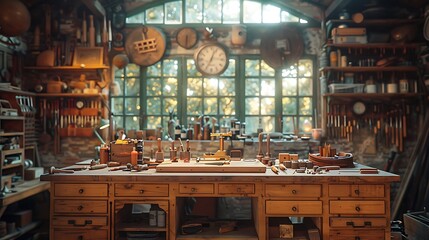 Wall Mural - A cinematic photograph of a carpenter's workbench, neatly organized carpentry tools, early morning light creating a serene ambiance, detailed textures of tools and wood, central focus on main tools,