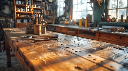 Wall Mural - A cinematic photograph of a carpenter's workbench, neatly placed carpentry tools, warm afternoon light casting long shadows, detailed textures of the tools and wooden bench, focus on central tools,