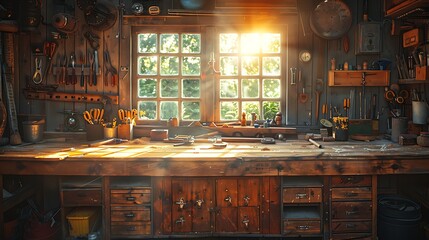 Poster - A cinematic photograph of a carpenter's workbench, perfectly arranged carpentry tools, golden sunlight filtering through a nearby window, detailed textures of the tools and wooden bench,