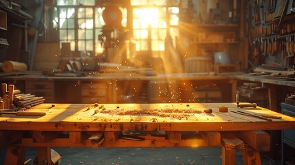 Poster - A cinematic photograph of a carpenter's workbench, precisely organized carpentry tools, golden hour sunlight illuminating the scene, intricate details on the tools and wooden bench,