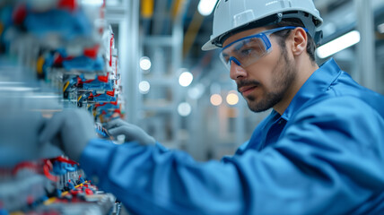 A focused electrical engineer wearing a safety helmet and goggles works on industrial electrical equipment, adjusting components with precision in a modern manufacturing facility.