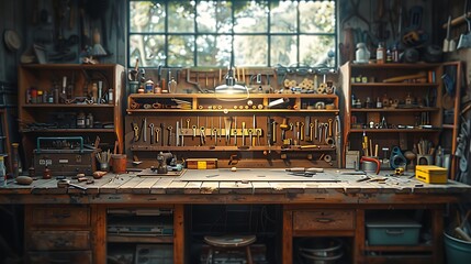 Poster - A cinematic photograph of a crafting workbench, neatly placed craft tools and materials, warm afternoon light casting long shadows, detailed textures of the tools and materials,