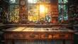 © LuvTK - A cinematic photograph of a crafting workbench, perfectly placed craft tools and materials, golden hour light enhancing details, rich textures of tools and materials, focus on central tools,