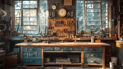 Wall Mural - A cinematic photograph of a craftsman's workbench, meticulously organized woodworking tools, morning sunlight creating a soft glow, intricate details on the tools, slightly blurred background,