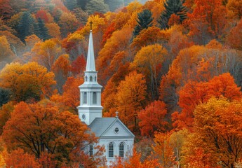 A charming white church steeple rising above a sea of autumn trees