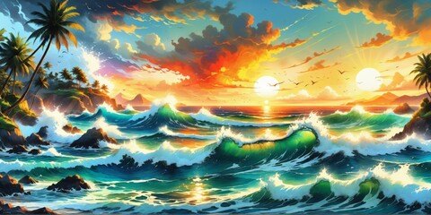 Digital painting beautiful sunset over ocean sky is filled vibra