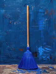 Blue Broom Leaning Against a Blue Wall