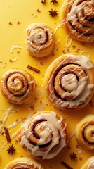 Wall Mural - Freshly baked cinnamon rolls with icing, warm and gooey, set against a background with ample copy space.






