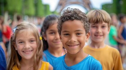 Group of diverse children smiling in a park setting. Bure Tower Background. The image is not an actual event.