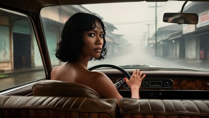 1970, Asian woman driving a classic car