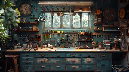 Sticker - A cinematic photograph of a tinker's workbench, perfectly placed small repair tools, golden hour light enhancing details, rich textures of tools and workbench, focus on central tools,