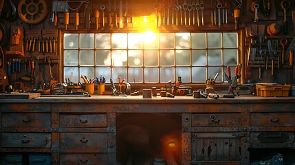 Wall Mural - A cinematic photograph of a workbench, perfectly arranged tools, golden sunlight filtering through a nearby window, detailed textures of the tools and workbench, focus on central tools,