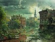 © CoreVisuals - A haunting urban landscape showcasing abandoned buildings and overgrown vegetation under an ominous sky, evoking a sense of decay.