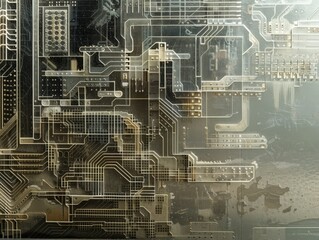 Abstract circuit board design featuring intricate lines and components, ideal for technology and electronic themes.