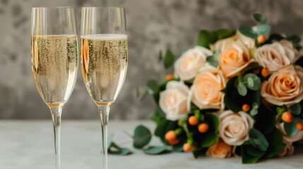 Two sparkling champagne glasses beside a beautiful bouquet of roses, perfect for celebrating special occasions.