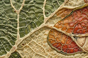 Wall Mural - Close-up of a microscopic view of a cross-section of a leaf, showing the epidermis, palisade mesophyll, and spongy mesophyll, high detail, scientific illustration