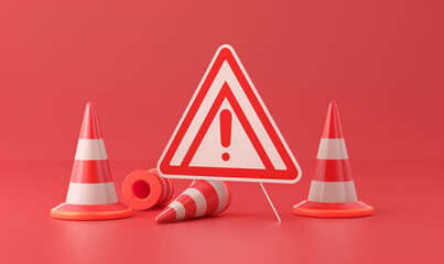 3D rendering of a red and white triangle-shaped traffic sign with an exclamation mark on it, next to two small striped cones isolated on a clear background