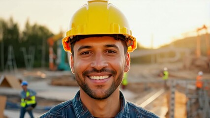 Sticker - A smiling worker wearing a safety helmet at a construction site, 