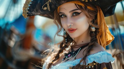 Wall Mural - Model of a woman beautiful in cosplay a pirate costume background wallpaper AI generated image