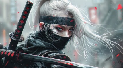 Wall Mural - Woman style ninja warrior samurai cyberpunk white hair background wallpaper AI generated image