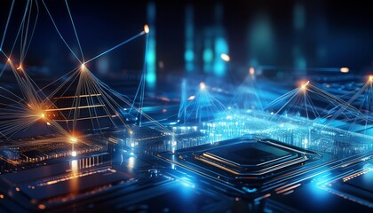Futuristic circuit board with glowing lines, symbolizing technology and innovation.