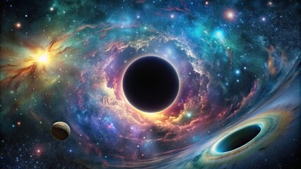 Wall Mural - a mesmerizing stock photo of an abstract black hole surrounded by distant stars and planets , black 